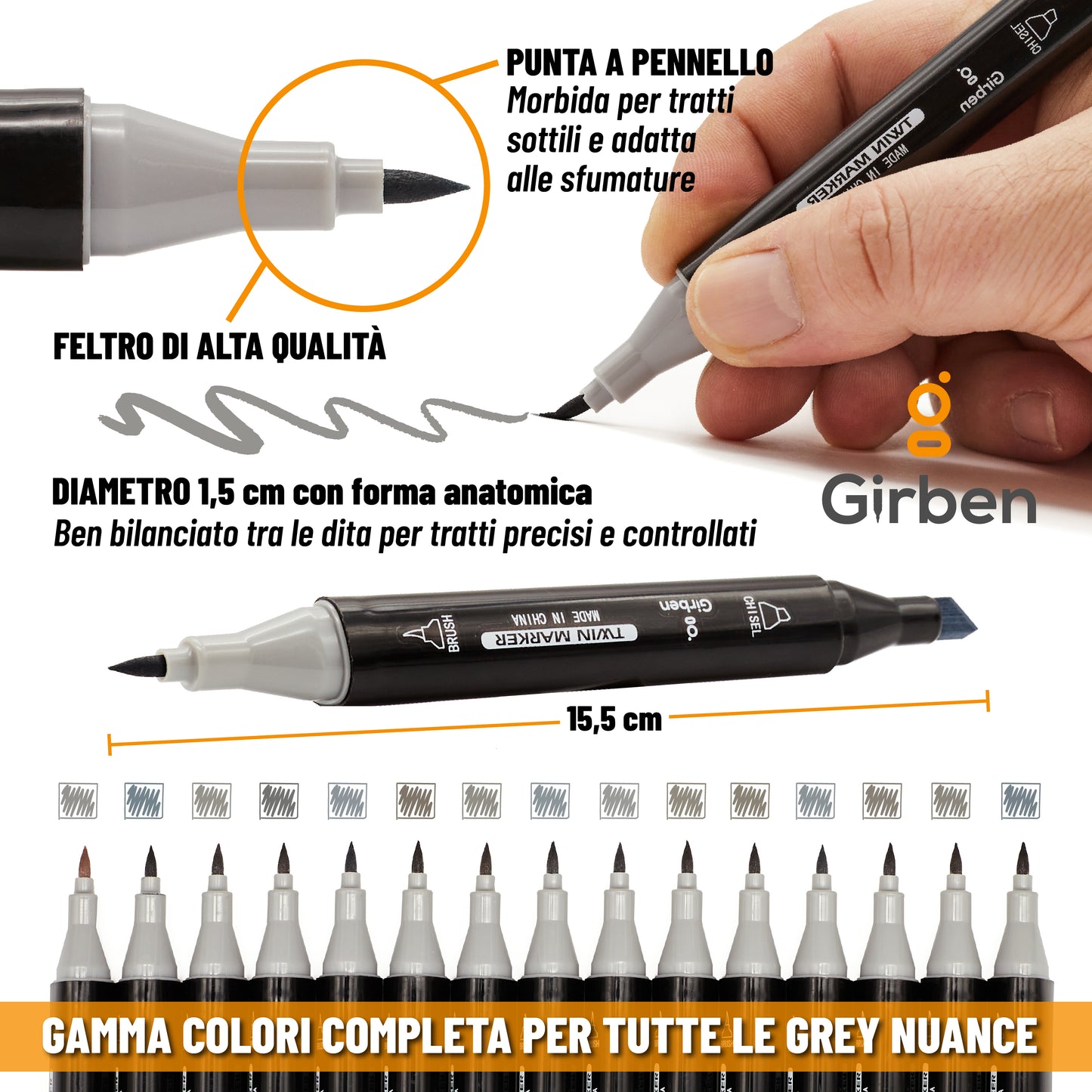 Markers Set G - 15 tonalità di grigio
