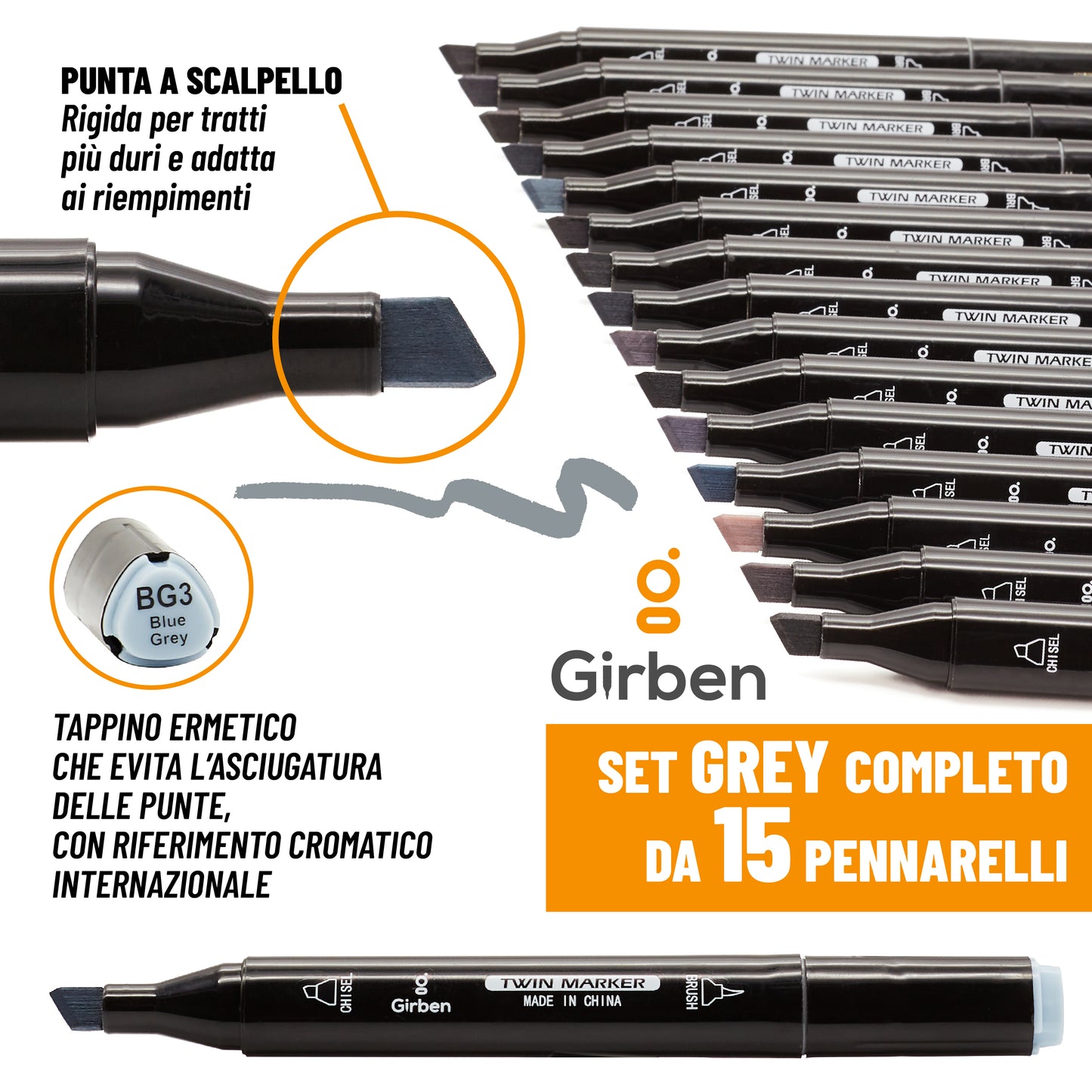 Markers Set G - 15 tonalità di grigio
