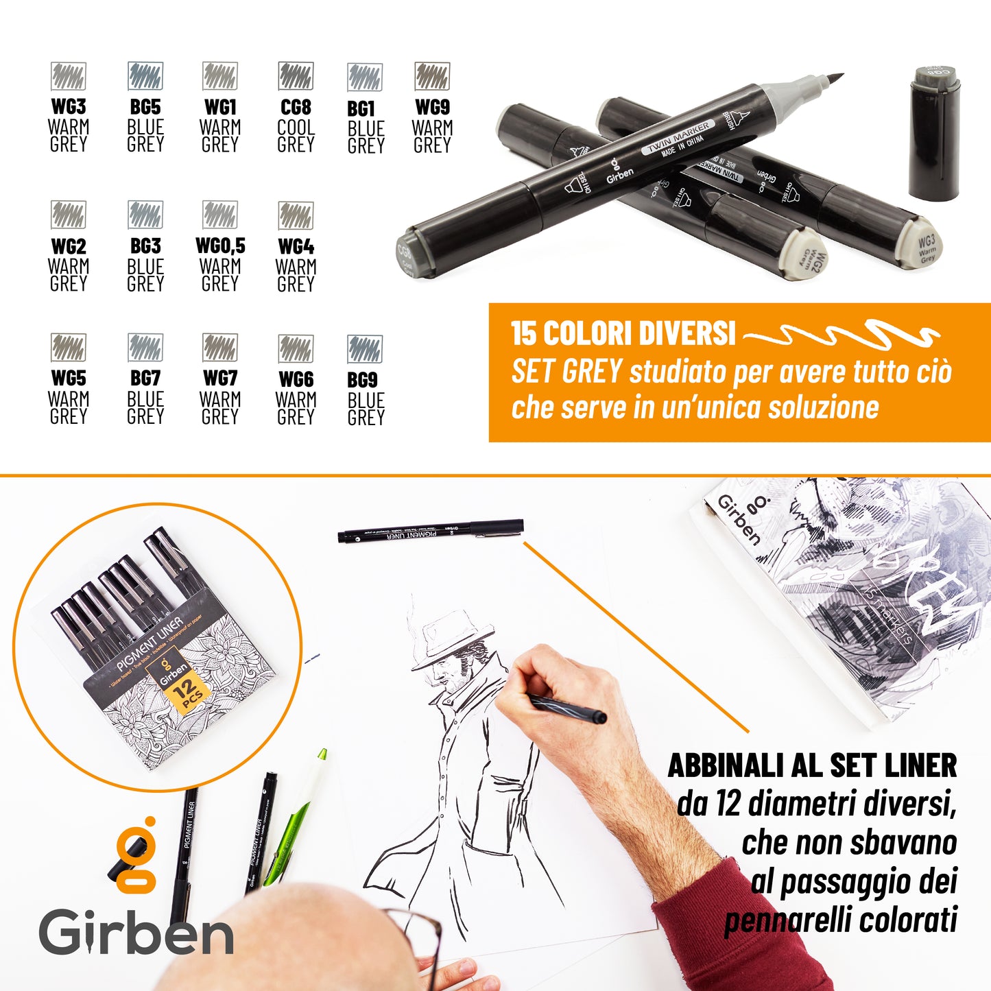 Markers Set G - 15 tonalità di grigio